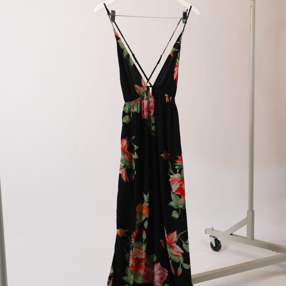 v-neck floral maxi dress with cross back - Picture 1 of 3